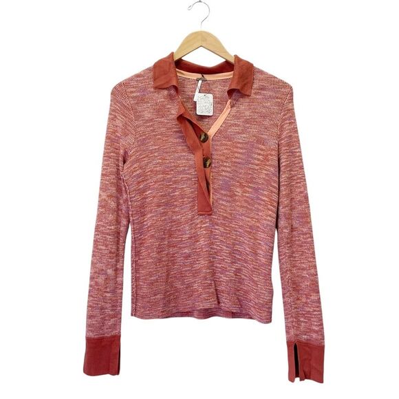 NWT Free People Making Memories Cropped Henley Sweater Size Medium Terra Cotta - Picture 2 of 15